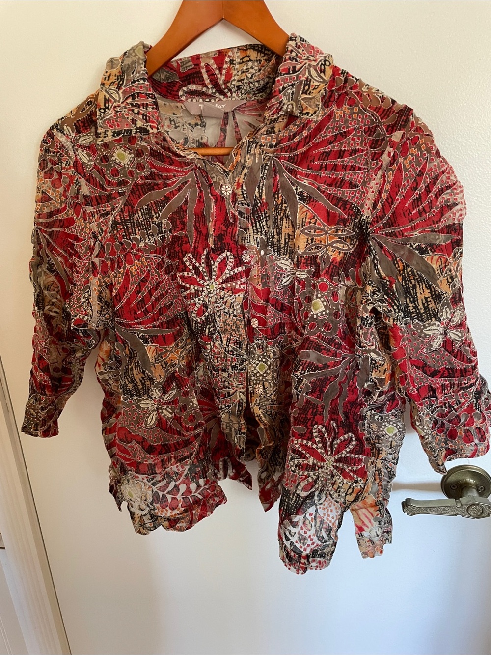 TanJay Multicolor Red and Brown Floral Print Button-Front Blouse
